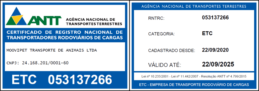 Certificado MooviPet pela Agencia Nacional de Transportes Terrestres